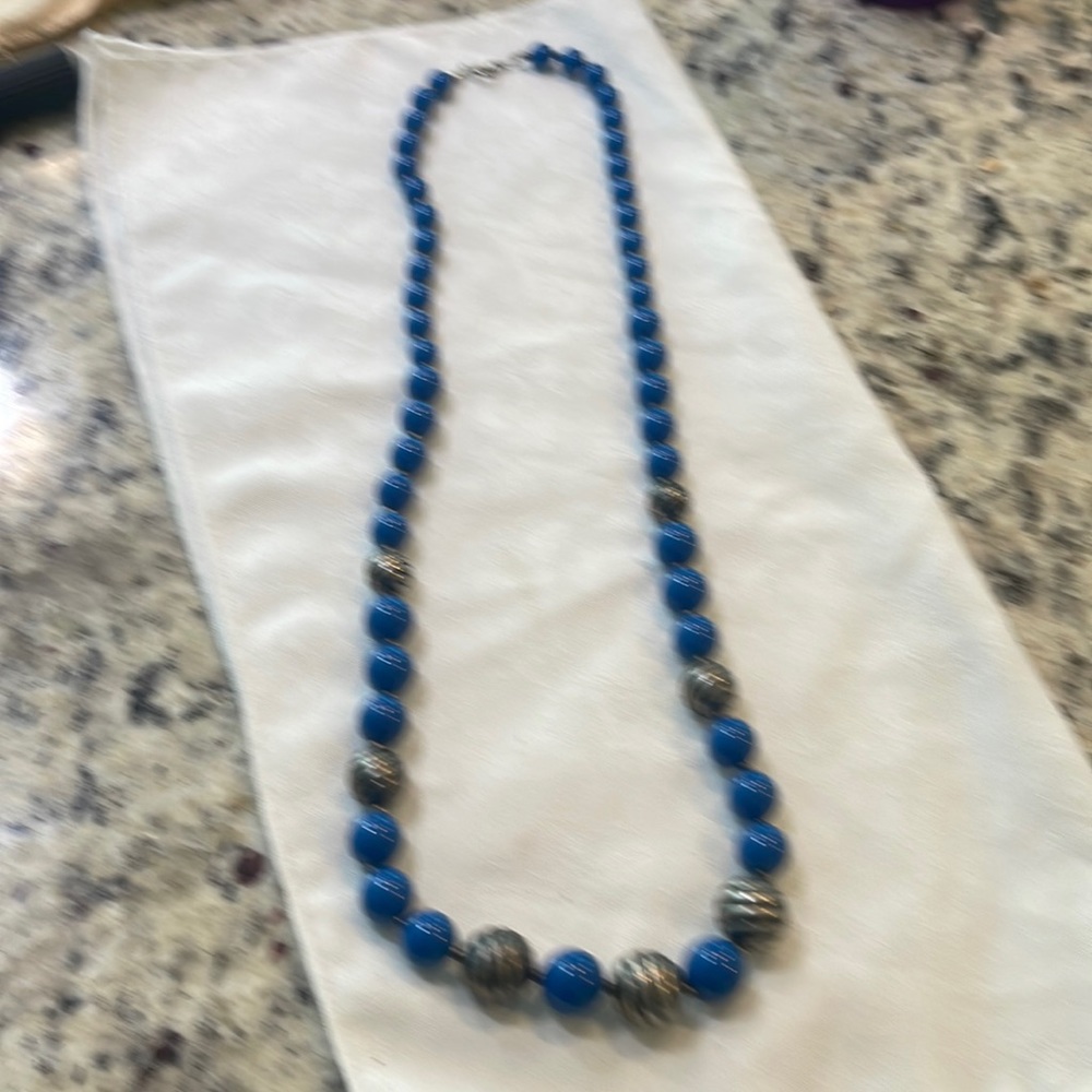Vintage Blue Bead and Silver Bead Necklace 36 inch